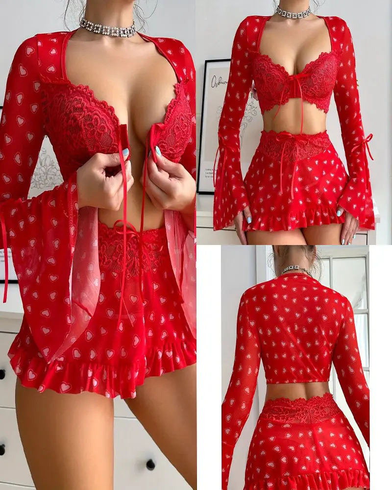 Red Heart Printed Lace & Bell-Sleeve 3-Piece Lingerie Set np
